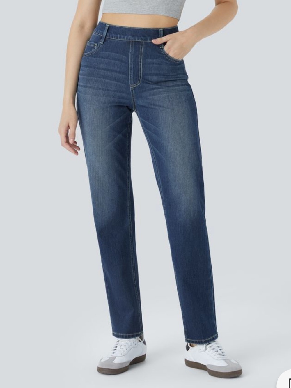 Halara Dark Medium Wash Straight Leg Pull On Elastic Waist Jeans Size XL